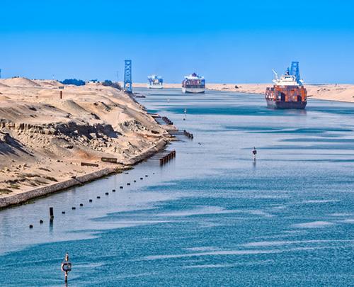 Ship's convoy passing through Suez Canal